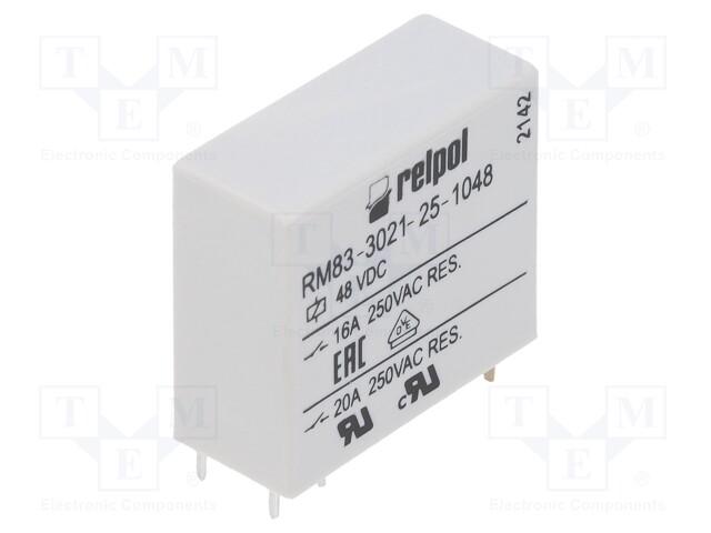 Relay: electromagnetic; SPST-NO; Ucoil: 48VDC; 16A/250VAC; 16A