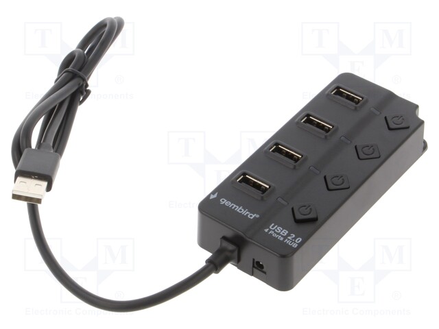 Hub USB; USB A socket x4,USB A plug; USB 2.0; with switch; black