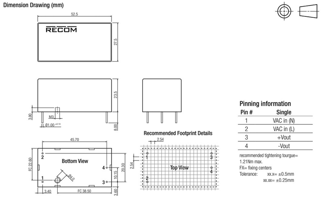 Converter: AC/DC; 20W; Uout: 5VDC; Iout: 3.6A; 78%; Mounting: PCB