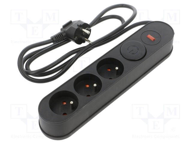 Plug socket strip: protective; Sockets: 3; 230VAC; 10A; black; 1.5m