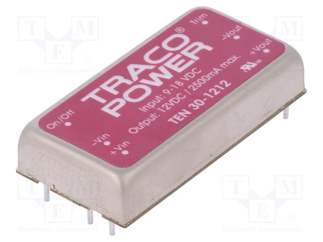 Converter: DC/DC; 30W; Uin: 9÷18V; 12VDC; Iout: 2500mA; 2"x1"; 31g