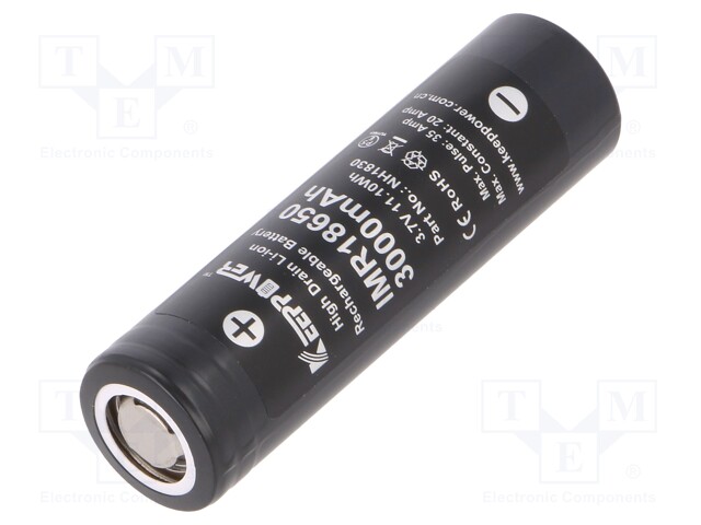 Re-battery: Li-Ion; 18650,MR18650; 3.7V; 3000mAh; Ø18.5x66mm; 20A