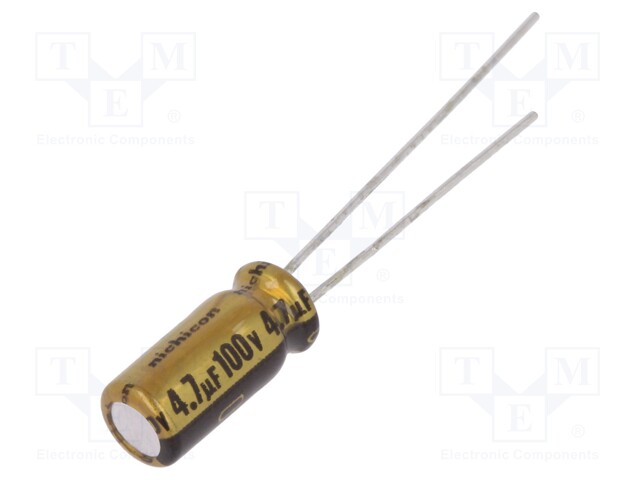 Capacitor: electrolytic; THT; 4.7uF; 100VDC; Ø5x11mm; Pitch: 2mm