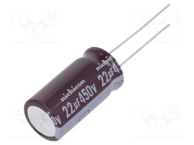 Capacitor: electrolytic; THT; 22uF; 450VDC; Ø12.5x25mm; Pitch: 5mm