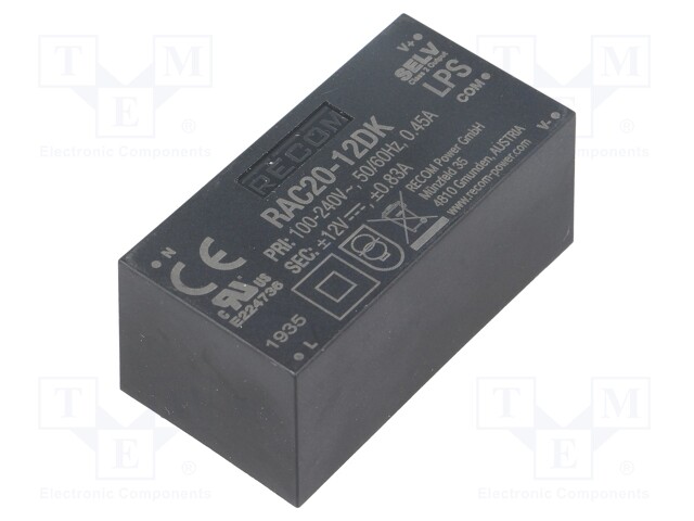 Converter: AC/DC; 20W; Uout: 12VDC; Iout: 833mA; 84%; Mounting: PCB