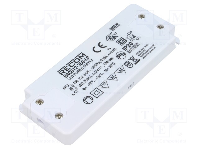 Power supply: switched-mode; LED; 12W; 2÷37VDC; 350mA; 198÷264VAC