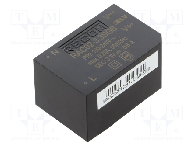 Converter: AC/DC; 2W; Uout: 3.3VDC; Iout: 500mA; 63%; Mounting: PCB