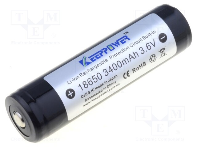 Re-battery: Li-Ion; MR18650; 3.6V; 3400mAh; Ø18.7x68.6mm
