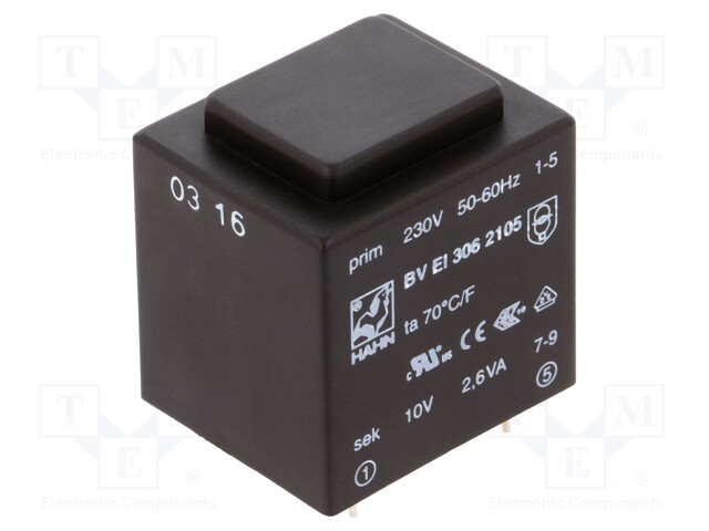 Transformer: encapsulated; 2.6VA; 230VAC; 10V; 260mA; Mounting: PCB