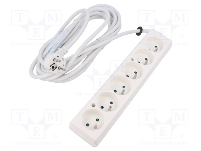 Extension lead; Sockets: 6; white; 3x1,5mm2; 5m; 16A