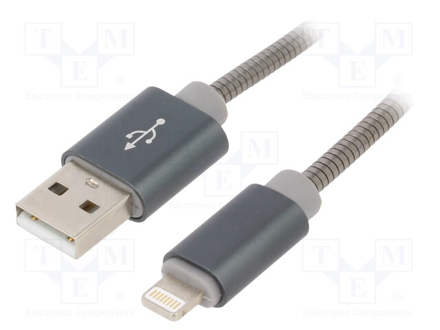 Cable; USB 2.0; Apple Lightning plug,USB A plug; 1m; grey; metal