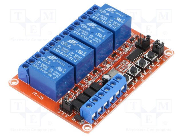 Module: relay; Channels: 4; 5VDC; max.250VAC; 10A; 105x48x15mm