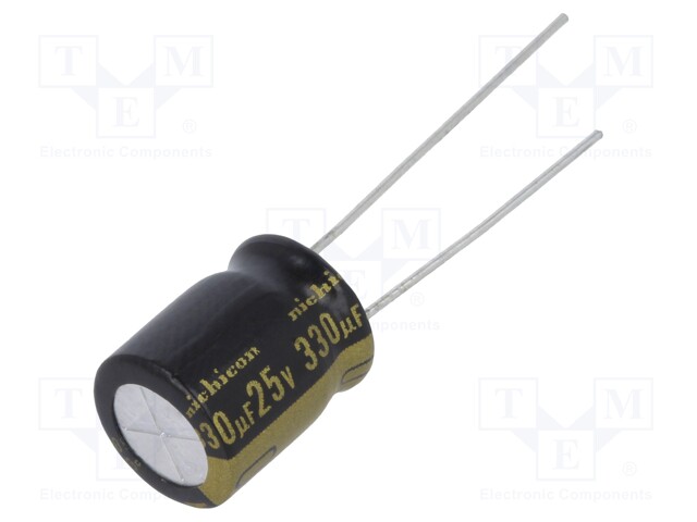 Capacitor: electrolytic; THT; 330uF; 25VDC; Ø10x12.5mm; Pitch: 5mm