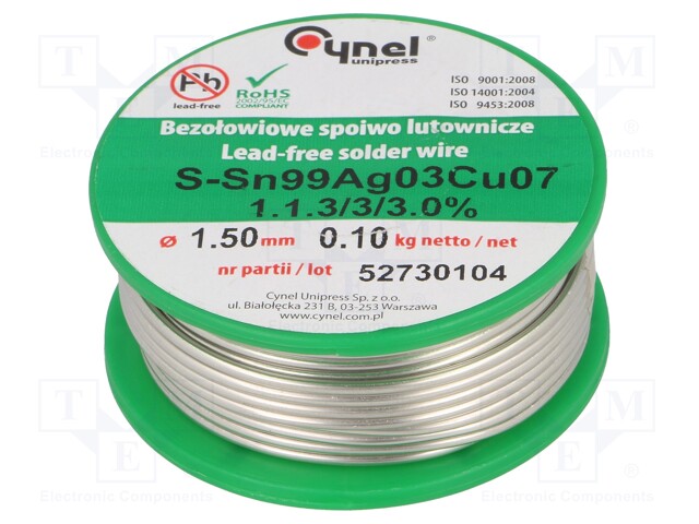 Soldering wire; Sn99Ag0,3Cu0,7; 1.5mm; 100g; lead free; 216÷227°C