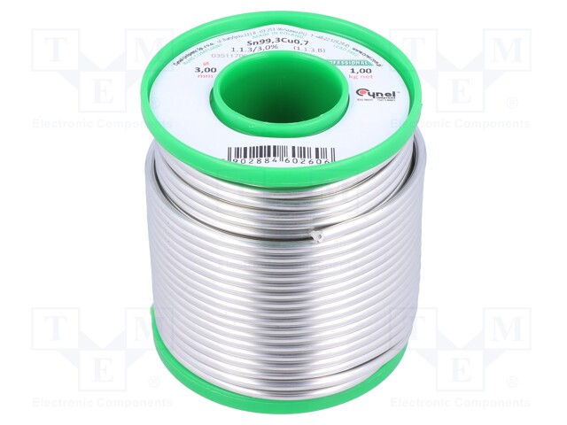 Soldering wire; Sn99,3Cu0,7; 3mm; 1000g; lead free; Package: reel