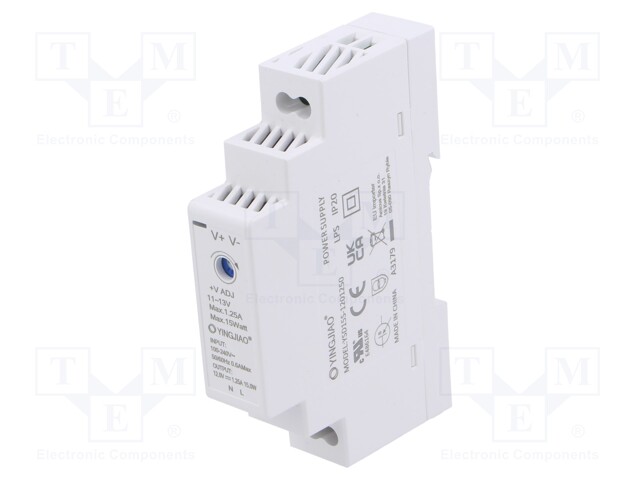 Power supply: switched-mode; for DIN rail; 15W; 12VDC; 1.25A; 85%