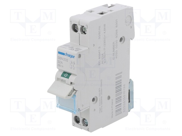 Switch-disconnector; Poles: 2; DIN; 32A; 230VAC; SBN; IP20; 1÷16mm2