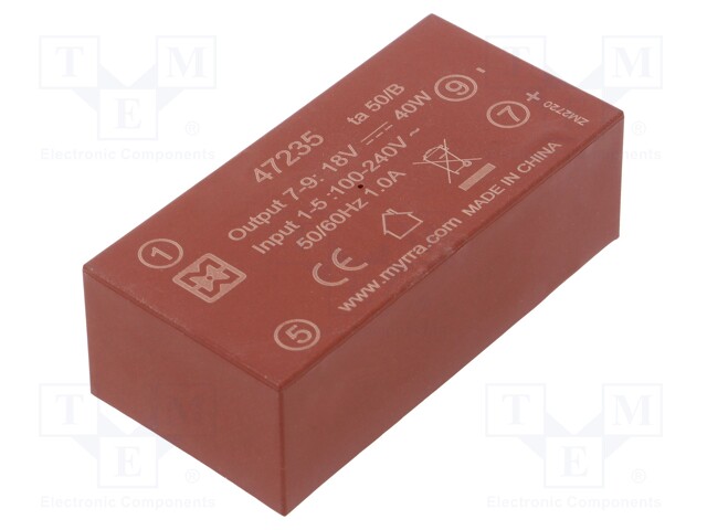 Converter: AC/DC; 40W; Uout: 18VDC; Iout: 2.2A; 85%; Mounting: PCB