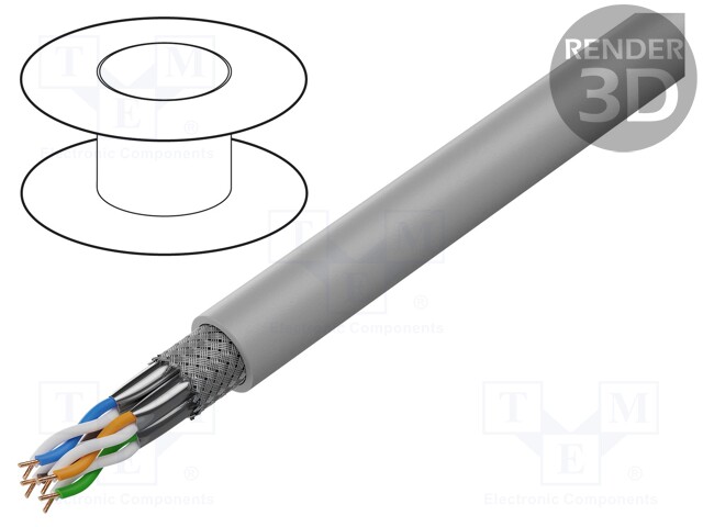 Wire; S/FTP; 4x2x23AWG; 7; solid; Cu; LSZH; grey; 305m; Øcable: 7.8mm