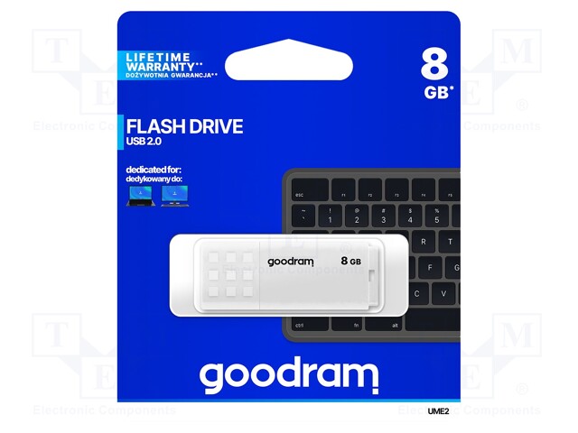 Pendrive; USB 2.0; 8GB; Read: 20MB/s; Write: 5MB/s; Colour: white