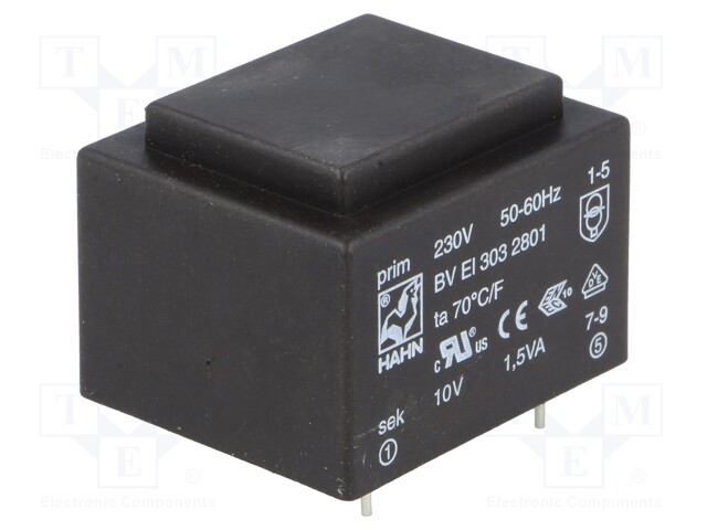 Transformer: encapsulated; 1.5VA; 230VAC; 10V; 150mA; Mounting: PCB