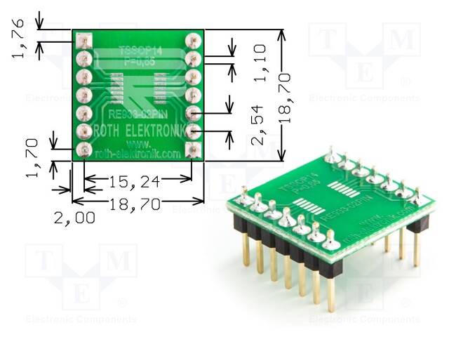 IC Adapter, PCB, 14-TSSOP, 15.24 mm Row Pitch, 2.54 mm Spacing