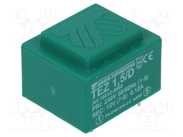 Transformer: encapsulated; 1.5VA; 230VAC; 12V; 125mA; Mounting: PCB