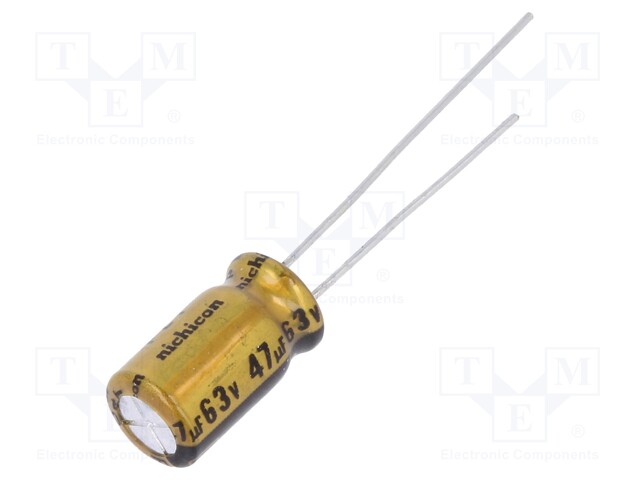 Capacitor: electrolytic; THT; 47uF; 63VDC; Ø6.3x11mm; Pitch: 2.5mm