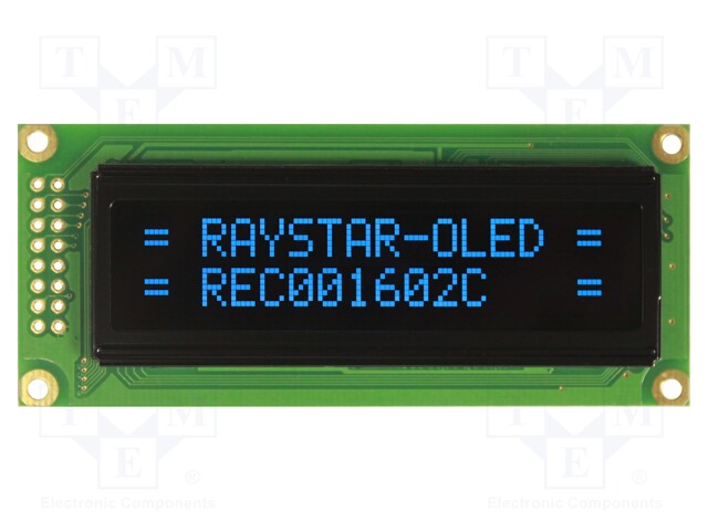 Display: OLED; alphanumeric; 16x2; Dim: 85x36x10mm; blue; PIN: 16