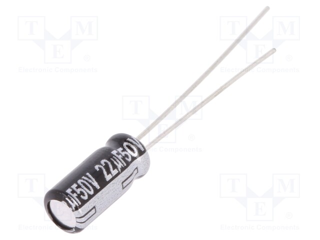 Capacitor: electrolytic; THT; 22uF; 50VDC; Ø5x11mm; Pitch: 2mm; ±20%