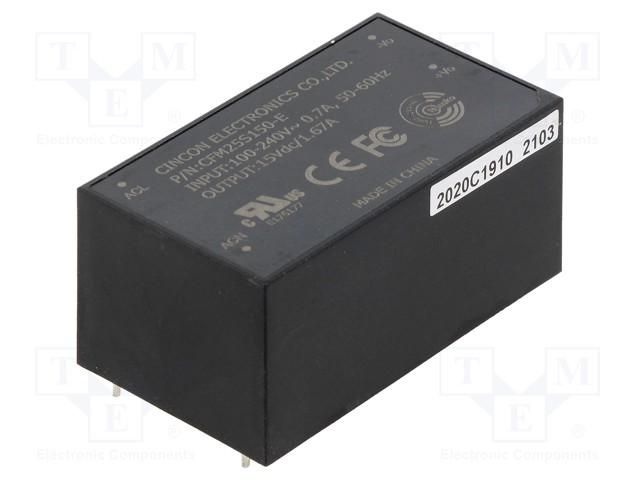 Converter: AC/DC; 25W; Uout: 15VDC; Iout: 1.67A; 85%; Mounting: PCB