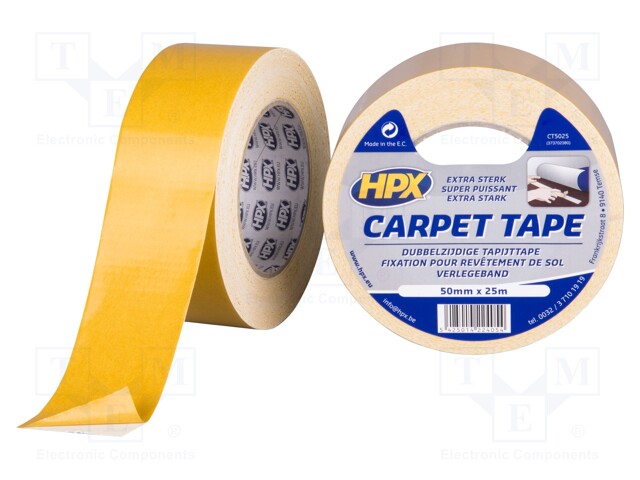 Tape: fixing; W: 50mm; L: 25m; D: 0.25mm; V: double-sided; white