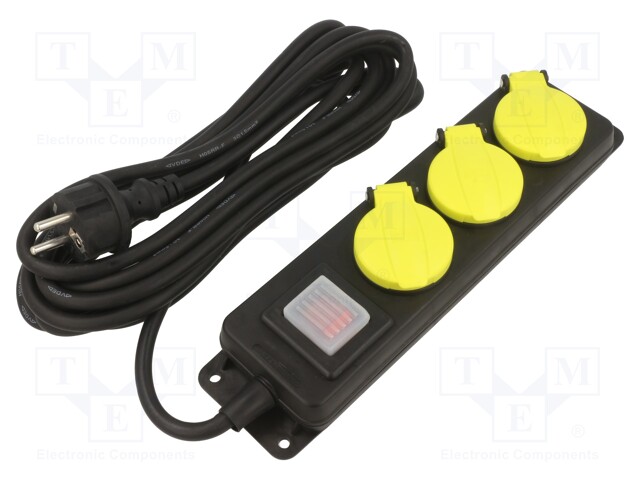 Extension lead; Sockets: 3; rubber; black; 5m; 16A