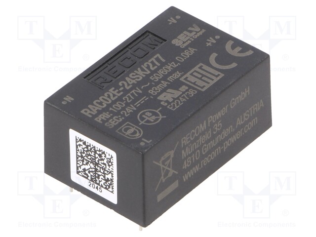 Converter: AC/DC; 2W; Uout: 24VDC; Iout: 83mA; 78%; Mounting: PCB