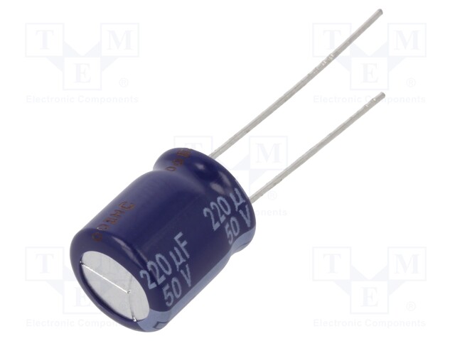 Capacitor: electrolytic; THT; 220uF; 50VDC; Ø10x12.5mm; Pitch: 5mm