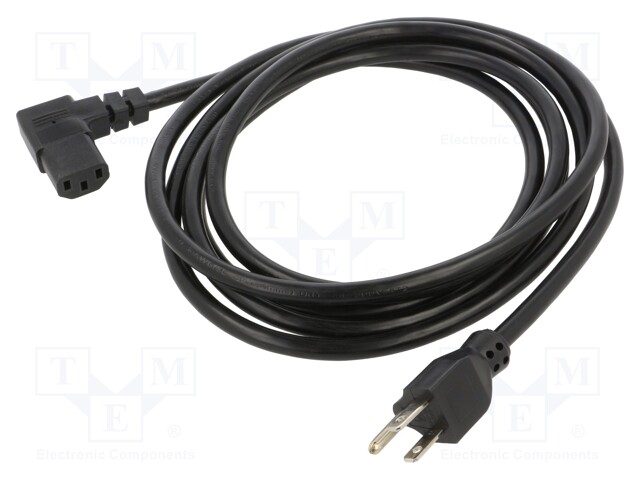 Cable; IEC C13 female 90°,NEMA 5-15 (B) plug; PVC; 3m; black