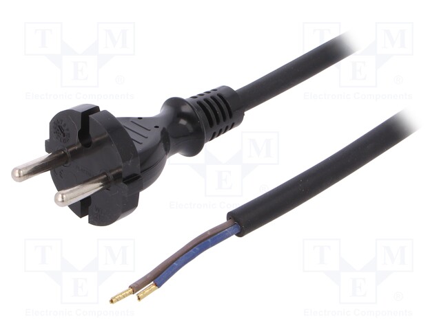 Cable; CEE 7/17 (C) plug,wires; 3m; black; rubber; 2x1mm2; 16A