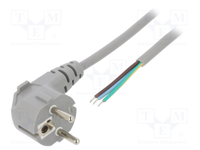 Cable; CEE 7/7 (E/F) plug angled,wires; 2m; grey; PVC; 3x0,75mm2