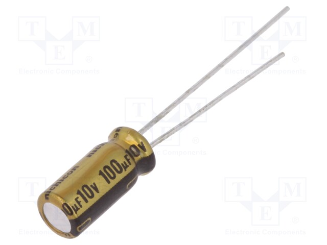 Capacitor: electrolytic; THT; 100uF; 10VDC; Ø5x11mm; Pitch: 2mm