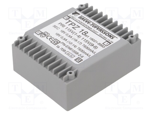 Transformer: mains; 18VA; 115VAC; 18V; 18V; Mounting: PCB; IP00