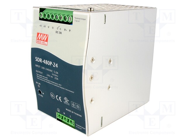 Power supply: switched-mode; 480W; 24VDC; 24÷28VDC; 20A; 90÷264VAC