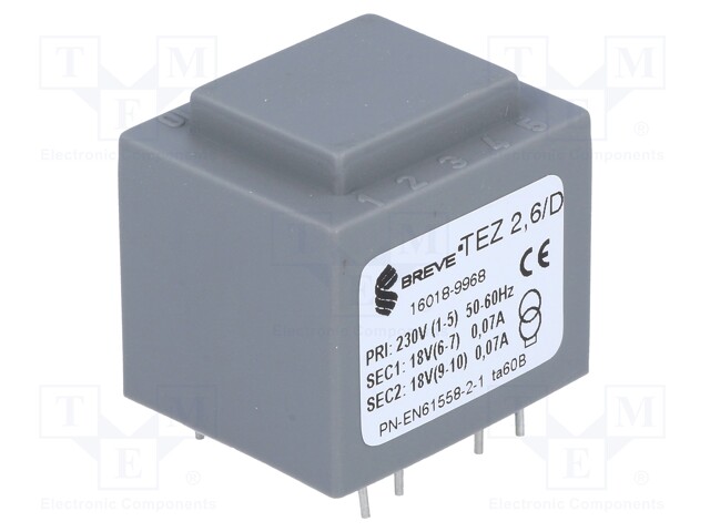 Transformer: encapsulated; 2.5VA; 230VAC; 18V; 18V; 69.4mA; 69.4mA