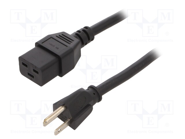 Cable; IEC C19 female,NEMA 5-15 (B) plug; 2.5m; black; PVC; 15A