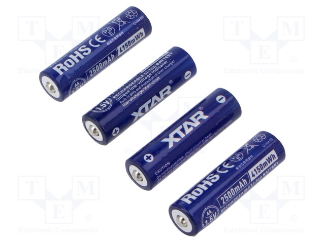 Re-battery: Li-Ion; AA; 1.5V; 2500mAh; Ø14.3x50.3mm; 4pcs.