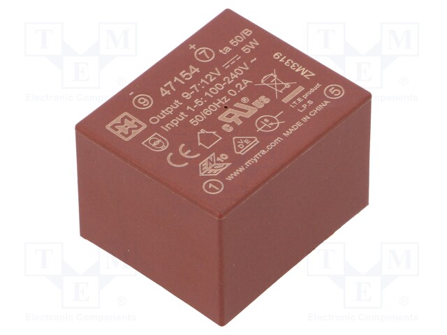 Converter: AC/DC; 5W; Uout: 12VDC; Iout: 420mA; 75%; Mounting: PCB