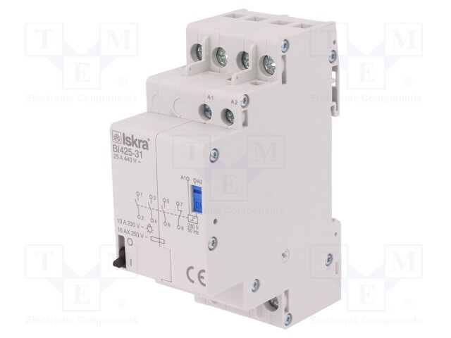 Relay: installation; bistable; NC + NO x3; Ucoil: 230VAC; 25A; IP20