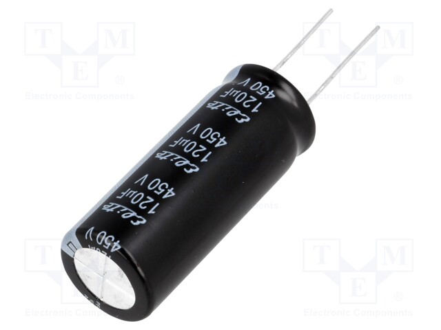 Capacitor: electrolytic; THT; 120uF; 450VDC; Ø18x45mm; Pitch: 7.5mm