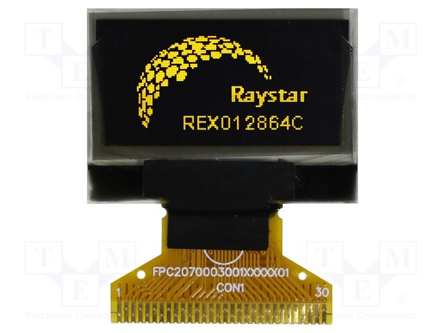 Display: OLED; graphical; 128x64; Dim: 26.7x19.26x1.41mm; yellow