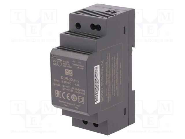 Power supply: DC/DC; 30W; 12VDC; 2.5A; 9÷36VDC; Mounting: DIN; 120g