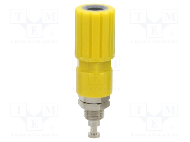 Socket; 4mm banana; 36A; yellow; nickel plated; on panel,screw